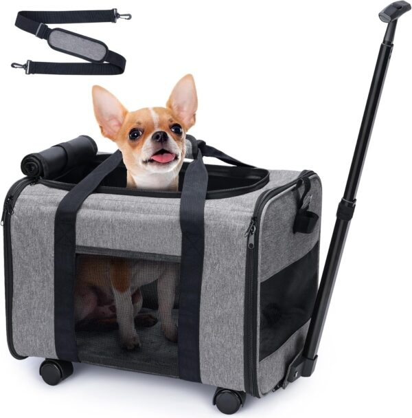 Babenest Dog Carrier with Detachable Wheels, Airline Approved Rolling Pet Carrier for Small Pets and Cats with Telescopic Handle and Shoulder Strap Car Travel Camping Park Pet Hospital (Grey)