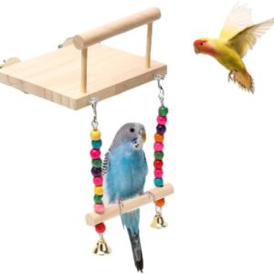 Bird Platform Stand Wooden,Parrot Perches,Wood Bird Cage Toys with Swing Bell,Flat Perch Chewing Toy for Budgie,Green Cheeks,Baby Lovebird,Chinchilla,Play Gyms Exercise