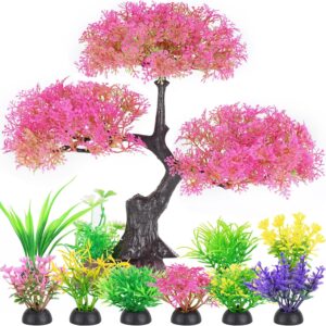 Borlech Aquarium Tree Plants Decorations, Fish Tank Plastic Plant Decor Set 10 Pieces (Pink)