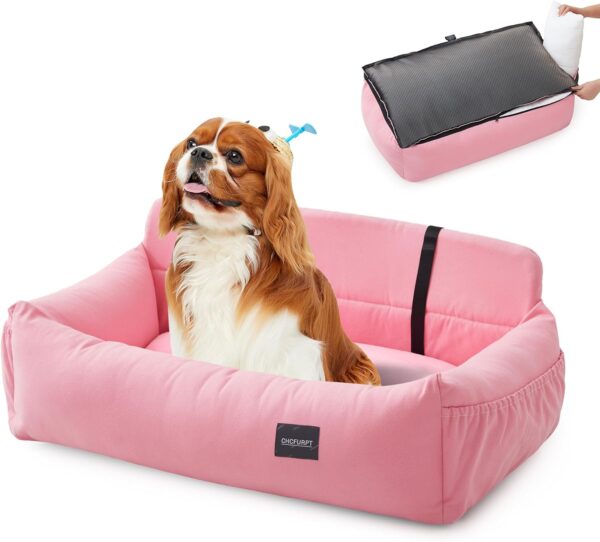 CHCFURPT Dog Car Seat for 2 Small Dogs Medium Dog Large Dogs Up to 60 Lbs, Pet Booster Car Seat with Thickened Fabric and Two Leashes, Dog Car Bed for Traveling in Car and Sleeping Bed (Pink)
