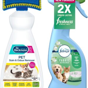 Carpet Pet Stain & Odour Remover Kit | 1x 375ml Febreeze Fabric Pet Odour Eliminator Spray, 1x 650ml Dr.Beckman Pet Stain Carpet Remover & Brush | 2 pack Bundle Cleaning Kit