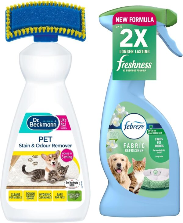 Carpet Pet Stain & Odour Remover Kit | 1x 375ml Febreeze Fabric Pet Odour Eliminator Spray, 1x 650ml Dr.Beckman Pet Stain Carpet Remover & Brush | 2 pack Bundle Cleaning Kit