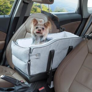 Center Console Dog Car Seat for Small Dogs Up to 12lbs, Detachable Armrest Pet Car Seat, Portable Middle Console Dog Booster Car Seat with Adjustable Straps, Storage Pocket & Safety Leash