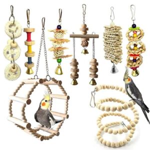 Chikanb 8 Pcs Bird Pet Cage Toys, Natural Wood Ladder Beaded Hanging Bell Swing Chewing Climbing for Love Bird, Australian Parrot, Parakeet, Cockatiel, Conure, Finches, Budgie, Macaw, Small Birds