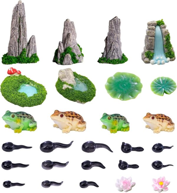 Cosiesnest 27 Pieces Aquarium Decorations, Fish Tank Rockery Hiding Cave Landscaping Decoration with Frog Tadpole Lotus Leaf Lotus Flower for Fish Shrimp Hiding Aquarium Ornament Pet Supplies