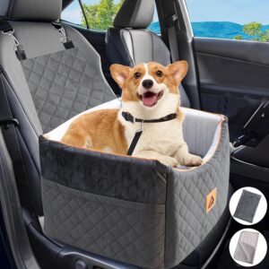 Dianyere Dog Car Seat for Small Medium Dog, Memory Foam Dog Booster Car Seat up to 25lbs with Washable Removable Cover, Anti-Slip Pet Travel Bed with Storage Pocket, Dog Seat Belt, 2 Dog Blankets