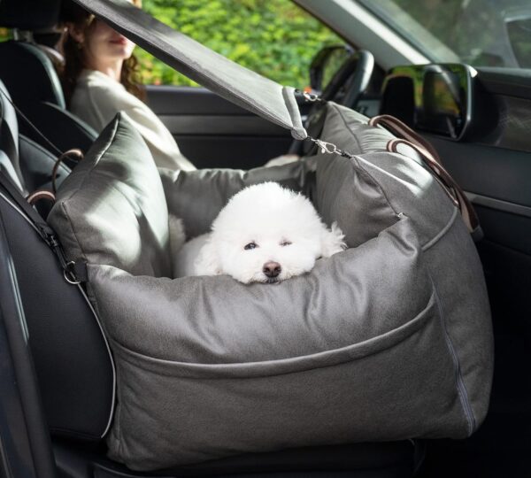 Dog Booster Seat with a Sun Shade Made of Strong Faux-Leather Fluffy Cushions Make a Great Resting Place for Your pet (Medium, Gray)