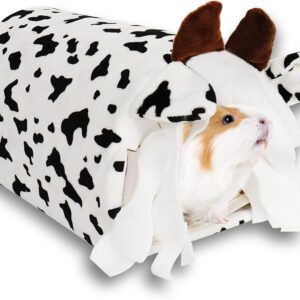 Guinea Pig Hideout Tunnel House, Small Animal Tube Cage Hut, Cute Cow Habitat Decor Accessories with Washing mat for Guinea Pig Hamster Chinchilla Dwarf Rabbit Hedgehog Squirrel Sleep Rest Play