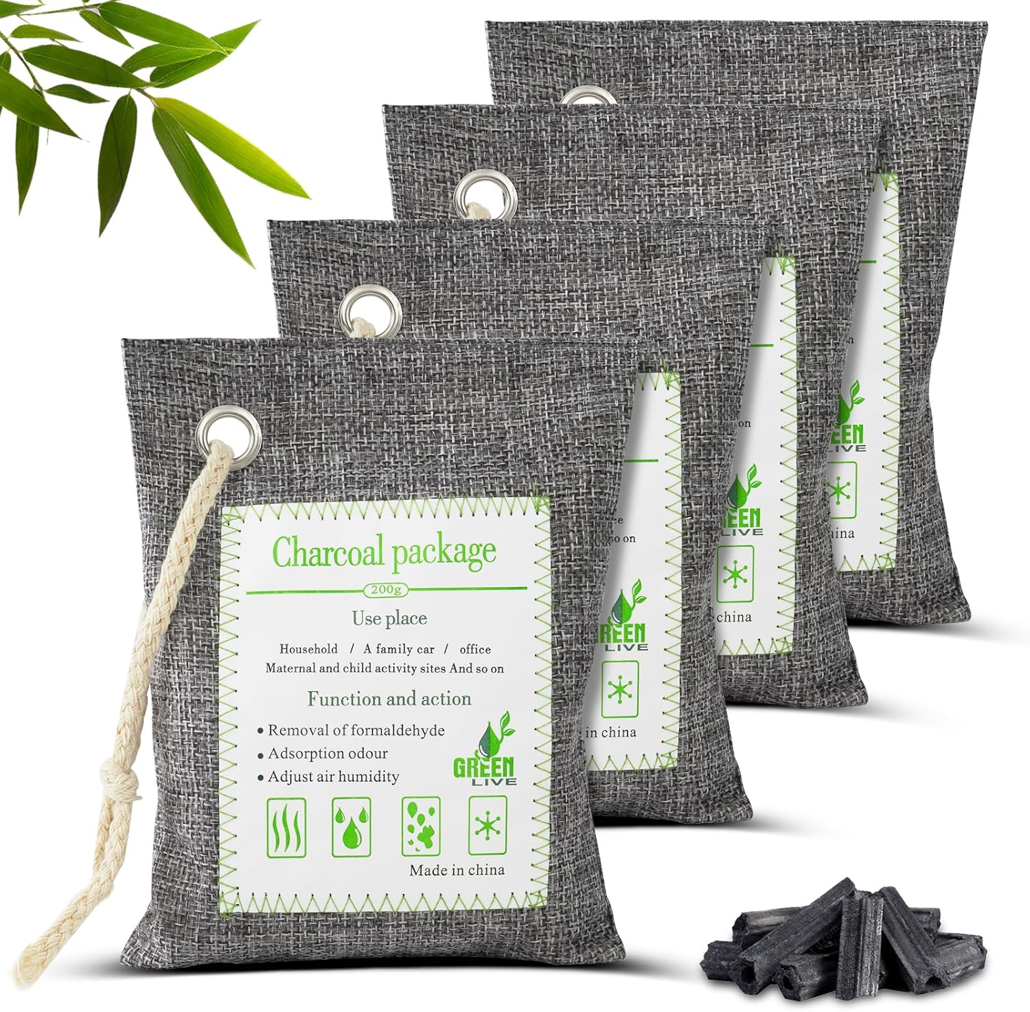 HOTUT Bamboo Charcoal Air Purifying Bags,4×200g Natural Activated Charcoal Bags,Removes Odors and Moisture,Activated Charcoal Bags Odor Absorber,Bags Odor Eliminator for Home,Car,Pets,Bathroom