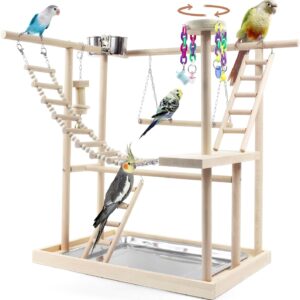 HPAWHOMEPART Bird Playground,Perch Stand Parrot Play Stand Play Gym with 2 Layers of Stand Toys, Playpen for Parakeet Cockatiel Lovebirds, Exercise Playgym with Feeding Cups Stainless Steel