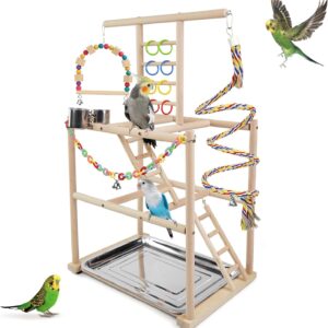 HPWAHOMEPART Bird Playstand,Parrots Playground Perch Wood Stand with 3 Ladders Playgym with Exercise Toys, 2 Revolving-Ladders Swings Feeder Cups Bird Cage Accessories for Conure Cockatiel Lovebirds