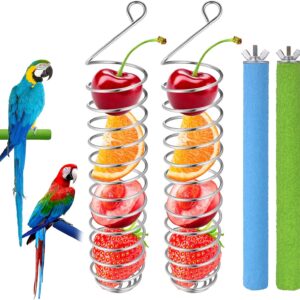 Hejo 2 PCS Stainless Steel Parrot Fruits Basket with 2 Bird Perches, Set of Millet Holder and Parrot Perches for Diet and Foot Health of Bird Parrot Small Animals