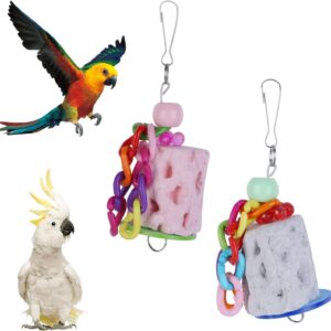 Hioph 2 Pcs Parrot Toy, Bird Chewing Toy Natural Materials Beak Grinding Stones Toys Parrot Cage Hanging Decorations for Small Animals, Parrot, Macaw, Parakeet, Lovebirds(Pink+Grey