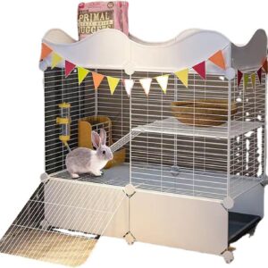 Indoor Rabbit Cage Two Story Bunny Hutch Pet Cage Guinea Pig Cage with fenced Small Animal Poultry Cage Run with Removable Tray