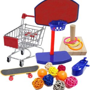 JasCherry 4Pcs Bird Training Intelligence Toys Set Included Training Basketball, Colorful Stacking Rings, Mini Skateboard and Shopping Cart Toy, Sepak Takraw for Parrots Budgies Cockatiel Parakeet #6