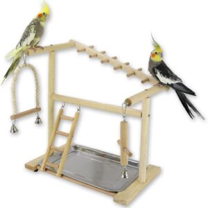 Joyeee Cockatiel Playground, Cockatoo Perch Table with Bird Food Bowl, Bird Perches for Parakeets, Bird Bell Toy Pet Products for Lovebirds, Small Bird Chewing Climbing Play, 14.4" x 9" x 15.5" M