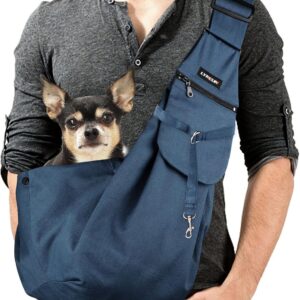 Lyneun Pet Hand-Free Sling Dog Carry Bag with Adjustable Shoulder Strap Double-sided Puppy Carrier with Front Pocket for Walking Travel Outdoor (Blue)