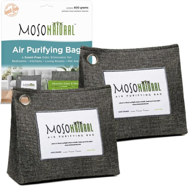 Moso Natural Air Purifying Bag 600g (2 Pack). A Scent Free Odour Eliminator for Kitchens, Bedrooms, Living Rooms, Pet Areas. Premium Moso Bamboo Charcoal Odour Absorber. Freestanding Design.