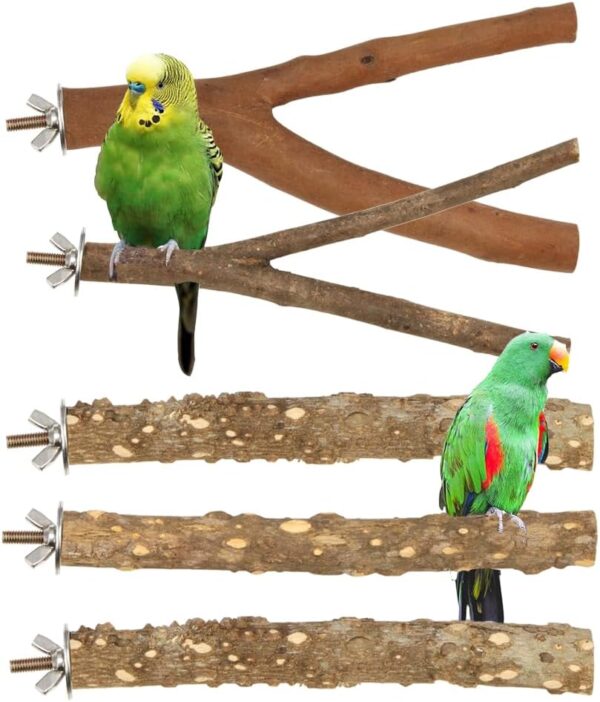 Natural Wood Parrot Stand Set, 5 pcs Bird Perch Birdcage Stand Branch, Platform Cage Accessories for Parrotlets Budgies Cockatiels Parakeets Lovebirds