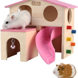 PINVNBY Wooden Hamster House Small Animal Hideout Climbing Ladder Slide Hut Play Toys for Chipmunk Mouse Rat Hedgehog (Pink)