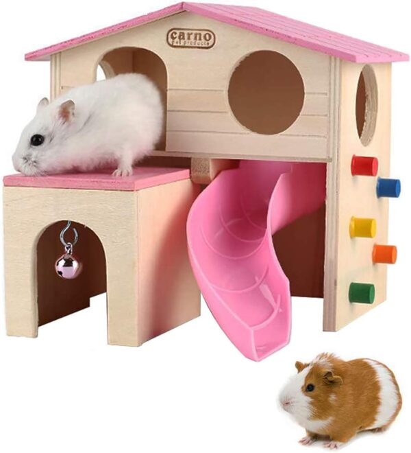PINVNBY Wooden Hamster House Small Animal Hideout Climbing Ladder Slide Hut Play Toys for Chipmunk Mouse Rat Hedgehog (Pink)
