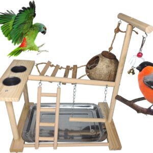 Parrots Playground Bird Play Stand Natural Wood Perch Gym Parakeet Nest Climb Swing Ladders with Feeder Cups Ladders Lovebirds Cage Accessories Toy Exercise Activity for Conure Cockatiel Lovebirds