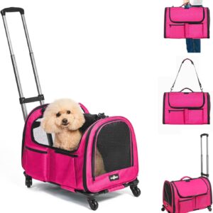 Paw Ballet Large Cat Carrier with Wheels, Foldable Rolling Pet Dog Carrier with Wheels Big Pocket, Cat Carrier Travel Bag for 2 Cats Dogs Under 30 lbs for Outdoor Vet Visits, Pink