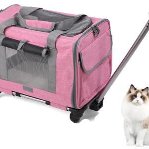 Pet Carrier On Wheels for Cats and Dogs, Cat Transport Carrier with Telescopic Handle, Dog Trolley Travel Tote Bag, Portable Pet Travel Carrier for Small Medium Pets (Pink)