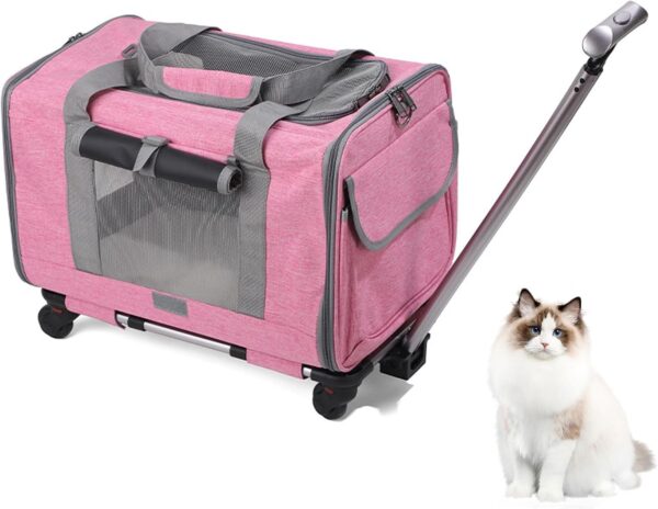 Pet Carrier On Wheels for Cats and Dogs, Cat Transport Carrier with Telescopic Handle, Dog Trolley Travel Tote Bag, Portable Pet Travel Carrier for Small Medium Pets (Pink)