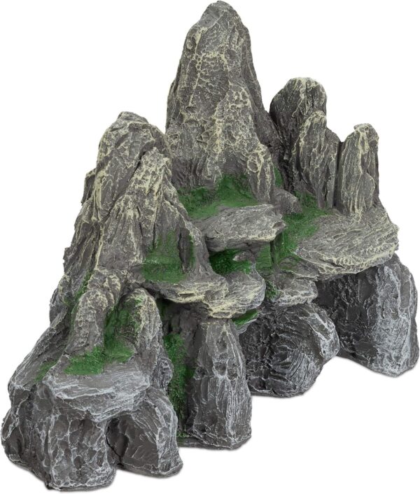 Relaxdays Aquarium Decoration, Rock Formation, Natural Look Ornament, Resin Stone Cave, Fish Tank, 21 cm, Grey/Green, Polyresin, Gray, Pack of 1