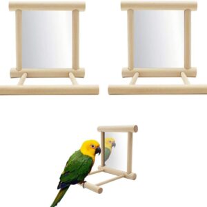 Seully 2 Pieces Mirror Bird Parrot, Perch Bird Stand with Mirror, Bird Cage Perches Mirror Chew Toy, Wooden Cockatoo Cage Toy for African Grey Macaw/Lovebirds