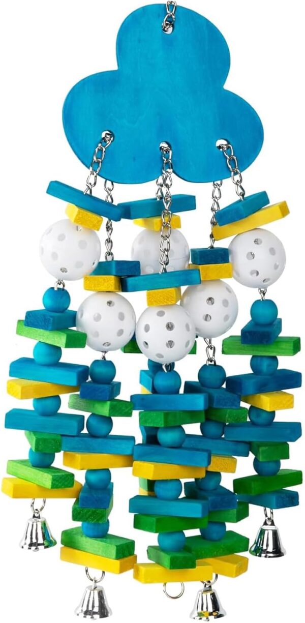 Supkeyer Parrots Chew Toy, Natural Wooden Parrot Toys for Large Birds with Colorful Wood Blocks and Bells for Macaws African Grey Amazon Parrots Cockatoos (Blue)