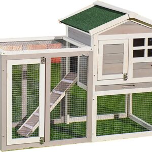 Upgrade Rabbit Hutch Cage, Outdoor Wooden Two Floors Small Animal House On Run, Chicken Coop Guinea Pig Cage Pet House Ramp and Waterproof Roof