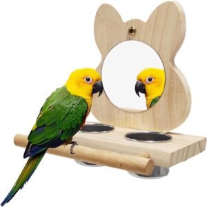 Vokowin Bird Perch with Mirror and Stainless Steel Feeding Cups,Wooden Parrot Mirror Toy for Bird Cage, Bird Food water Feeder Perches for Budgie Parakeet Parrot Interactive Play Toys (K339-1)