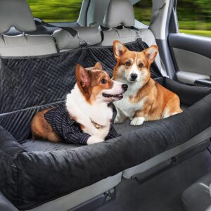 koneboss Dog Car Seat for Back Seat Pet Booster Seat Travel Puppy Bed with Safety Belt Backseat Protector for Large/Medium/Small Dogs,Removable Washable Cover, Storage Pockets（Black）