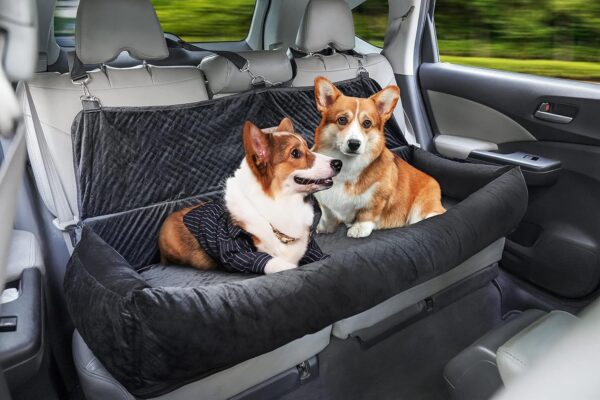koneboss Dog Car Seat for Back Seat Pet Booster Seat Travel Puppy Bed with Safety Belt Backseat Protector for Large/Medium/Small Dogs,Removable Washable Cover, Storage Pockets（Black）